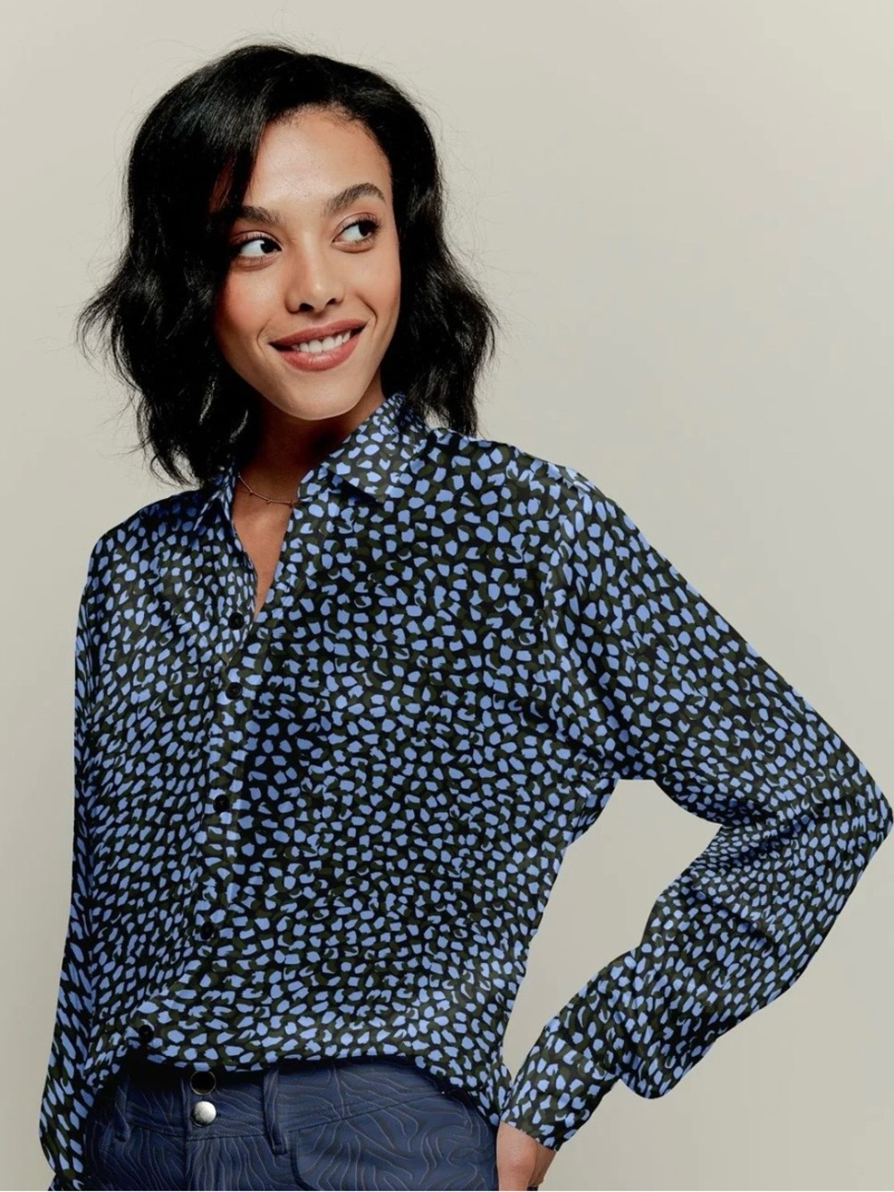 Tucker Brooklyn Button Down Shirt Cornflower Spots in Silk Stretch Charmeuse
